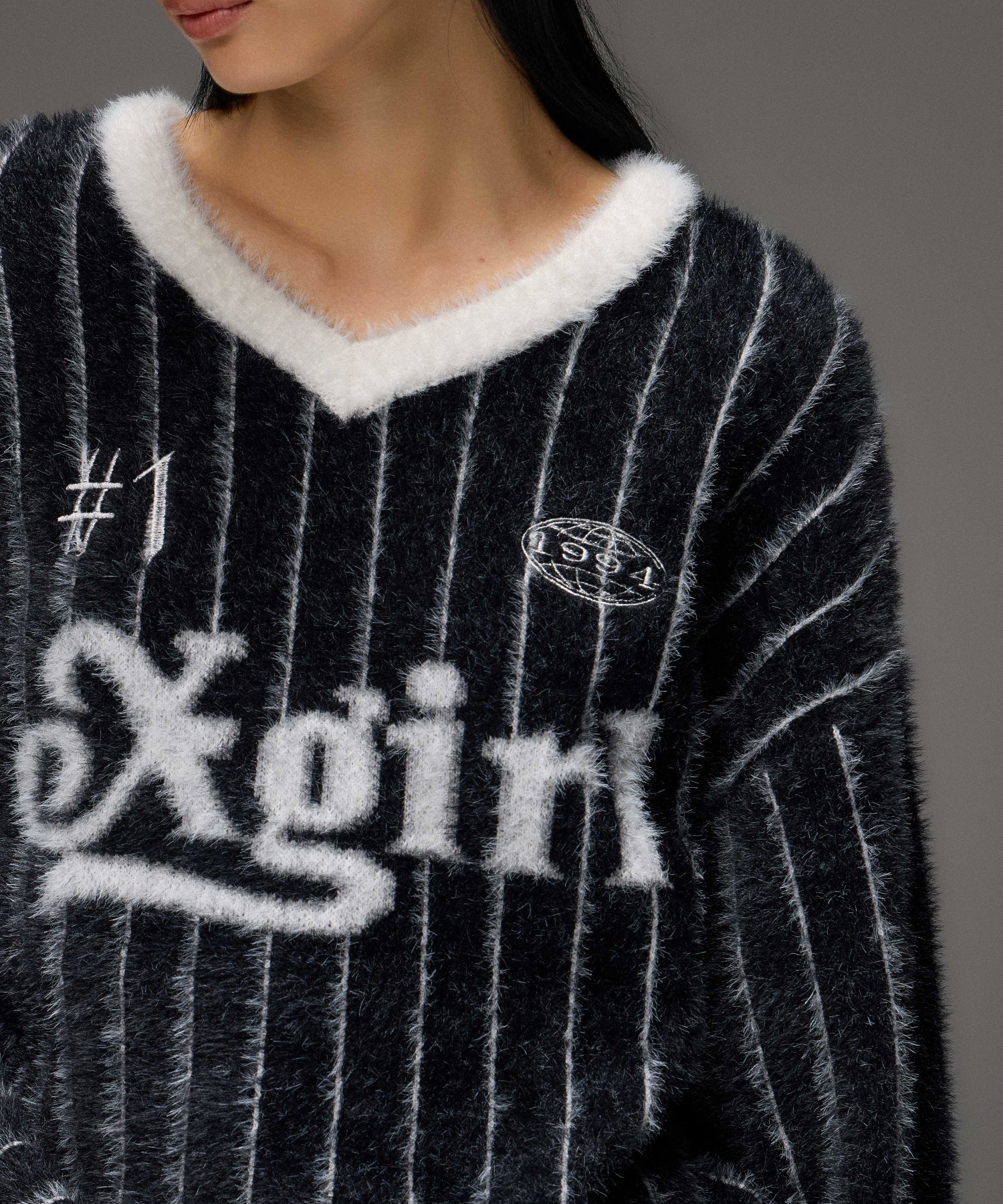 GAME SHIRT JACQUARD SHAGGY KNIT TOP