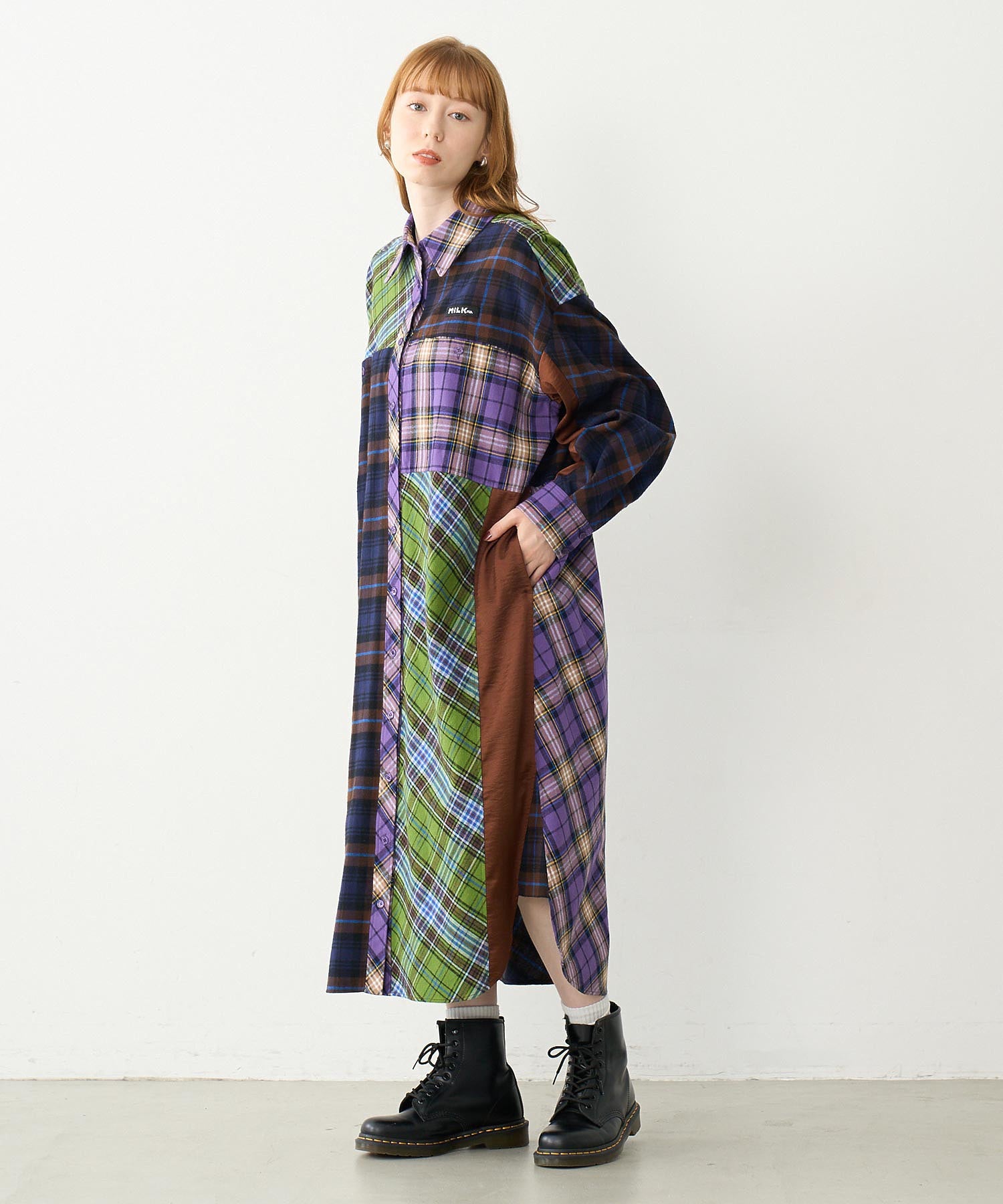 PLAID PATCHWORK SHIRT DRESS