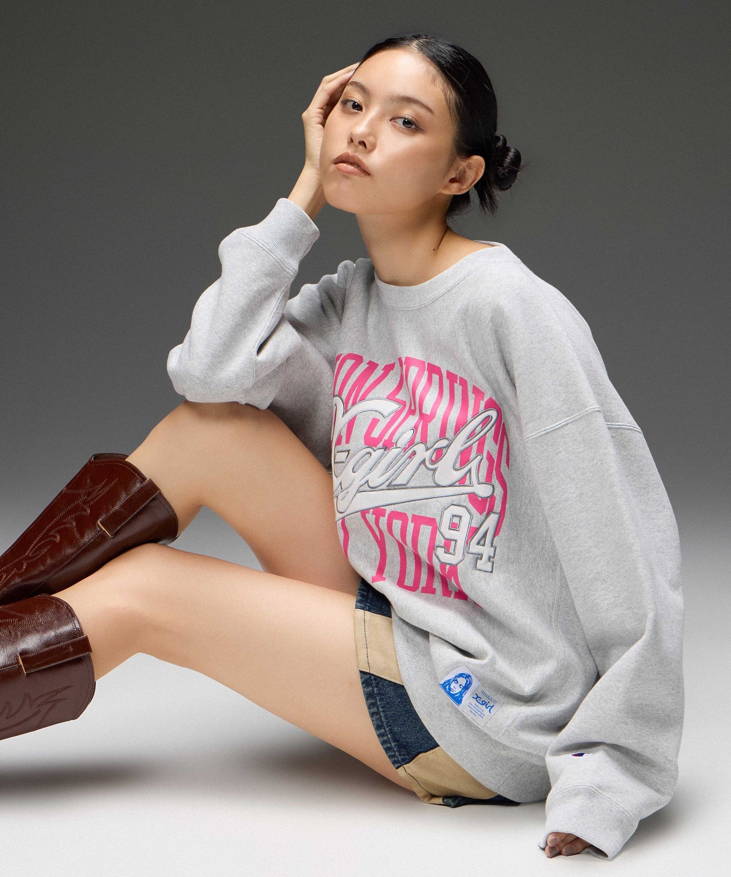 X-girl x Champion REVERSE WEAVE® PRINT AND PATCHED LOGO SWEATSHIRT