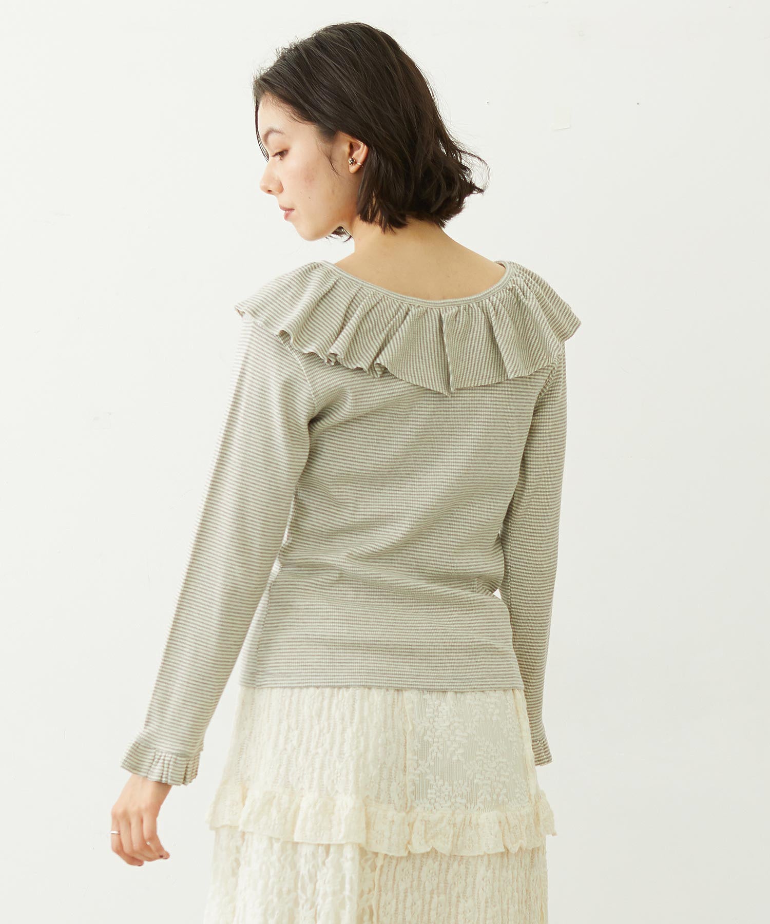 2WAY RUFFLE COLLAR STRIPED L/S TOP