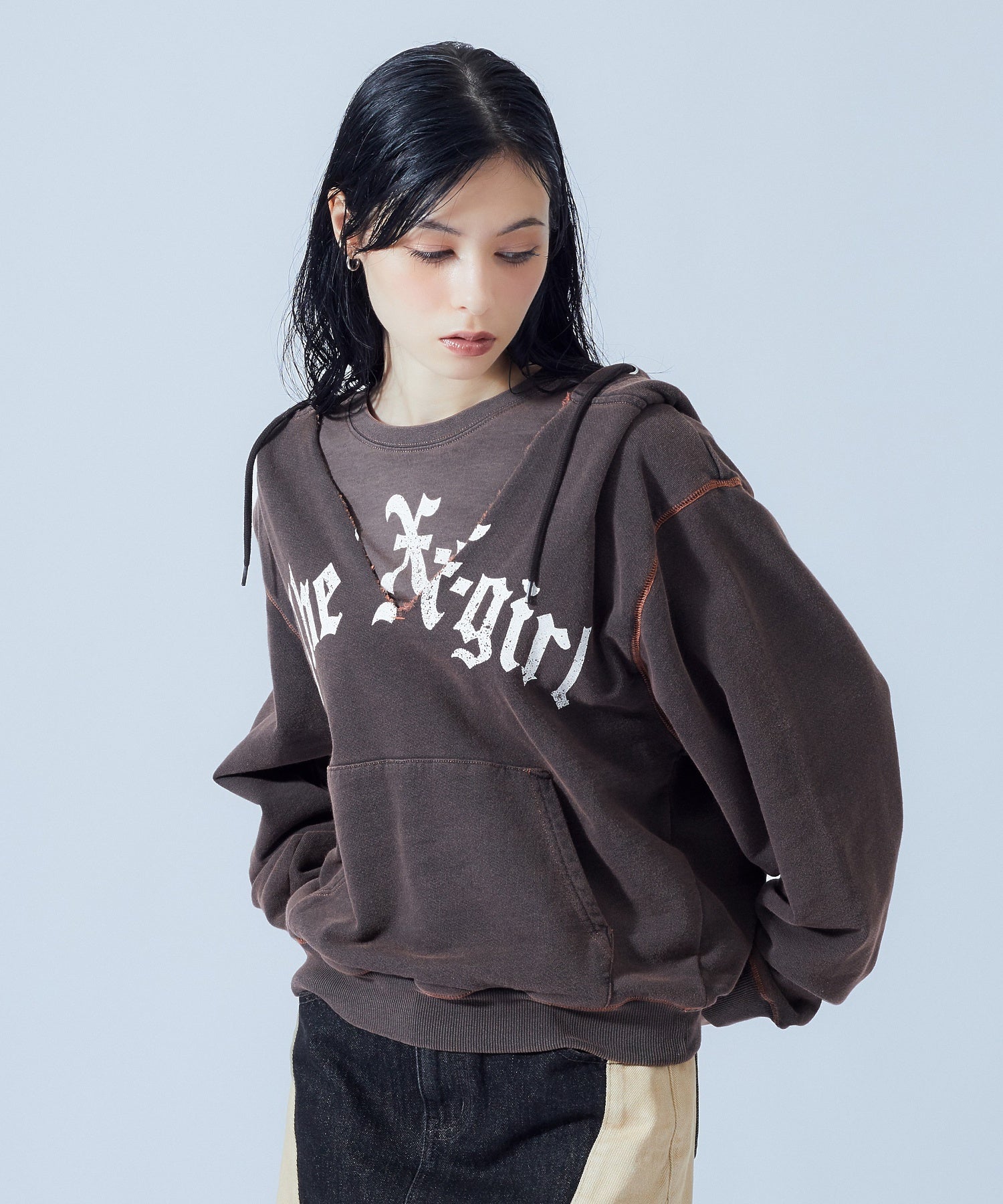 LAYERED STYLE FRONT SLIT SWEAT HOODIE