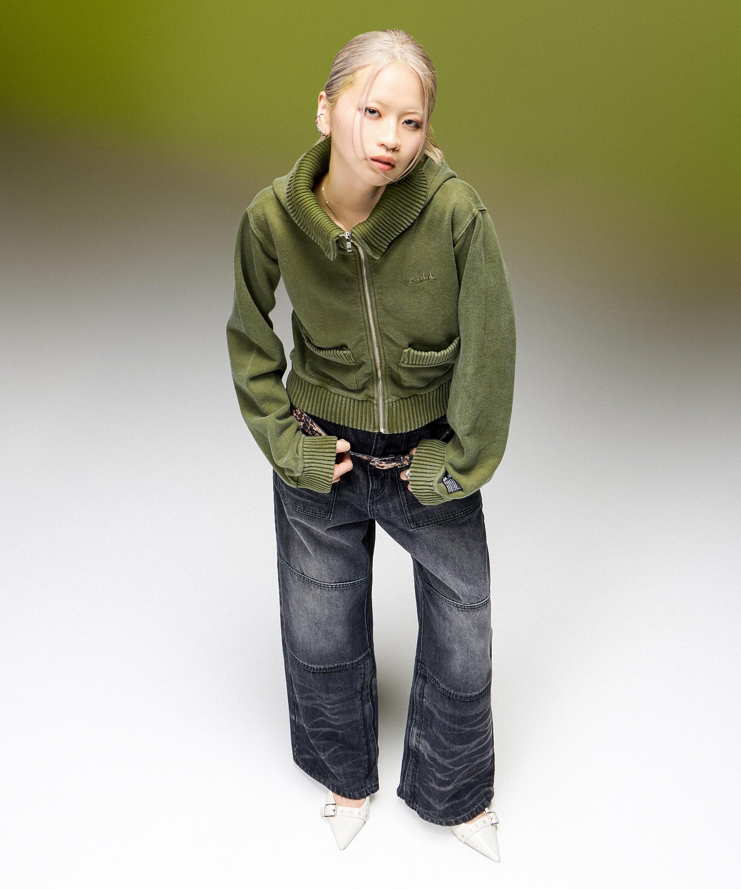 FADED SWEAT AND RIB ZIP UP COMPACT HOODIE