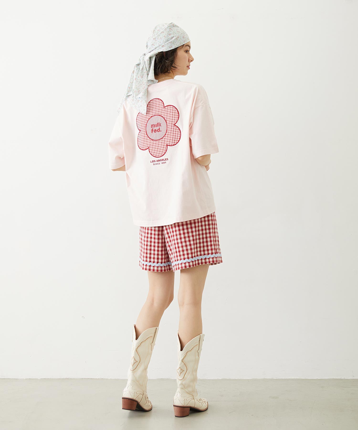 CUT OUT LOGO GINGHAM FLOWER WIDE S/S TEE