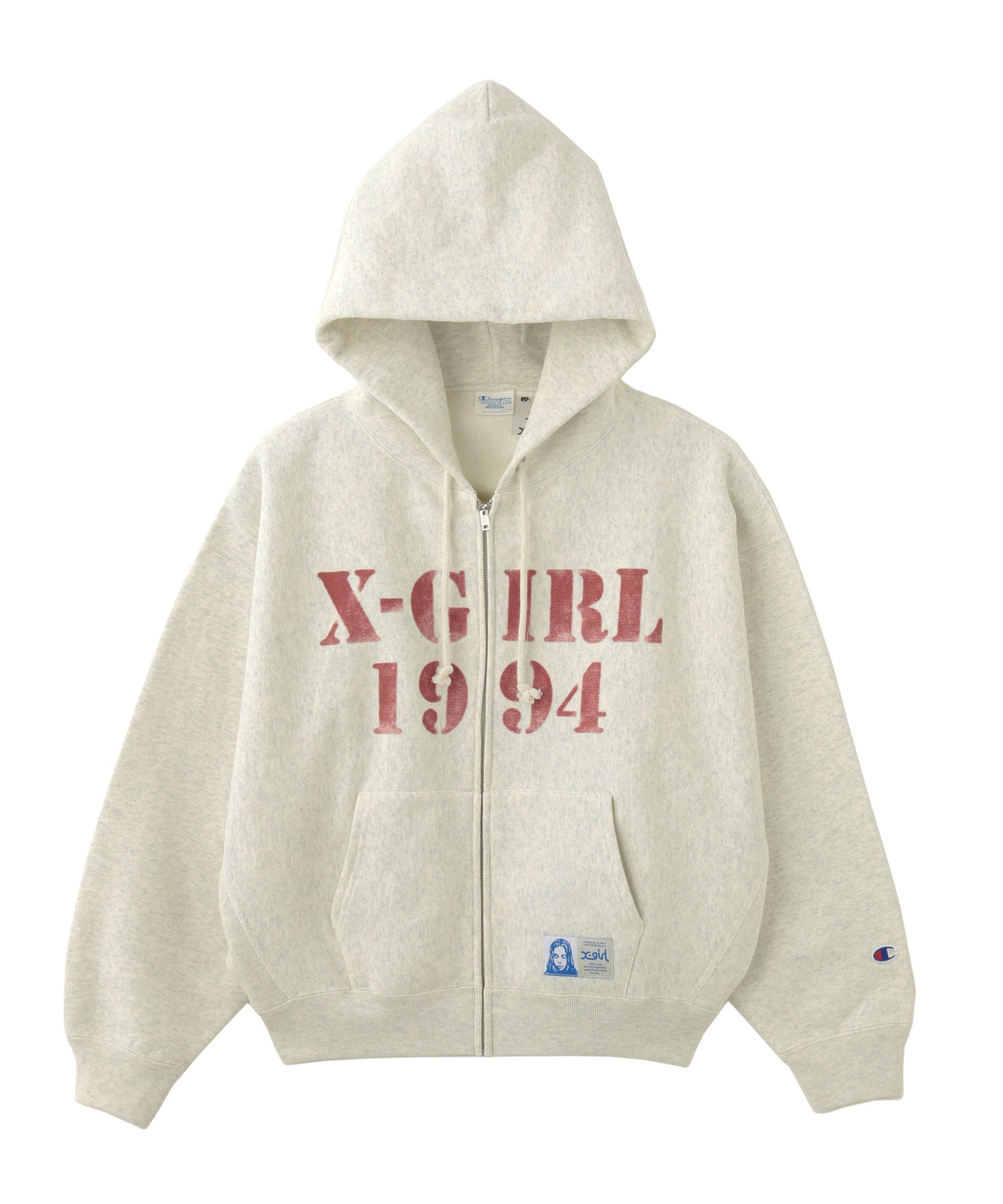 X-girl × Champion REVERSE WEAVE STENCIL LOGO ZIP UP HOODIE