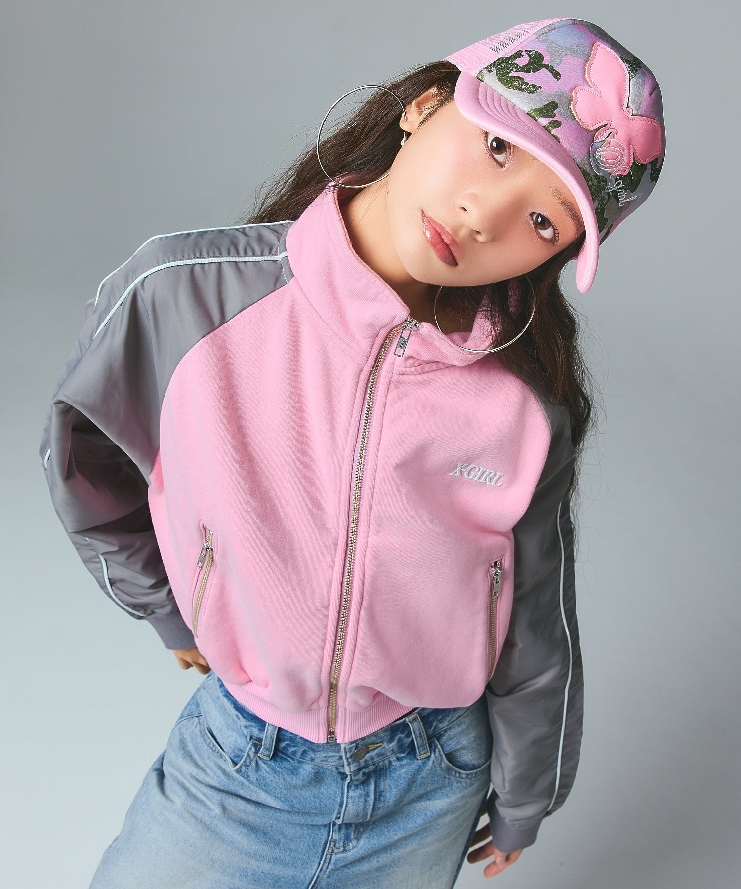 WOVEN MIX SWEAT ZIP UP TOP