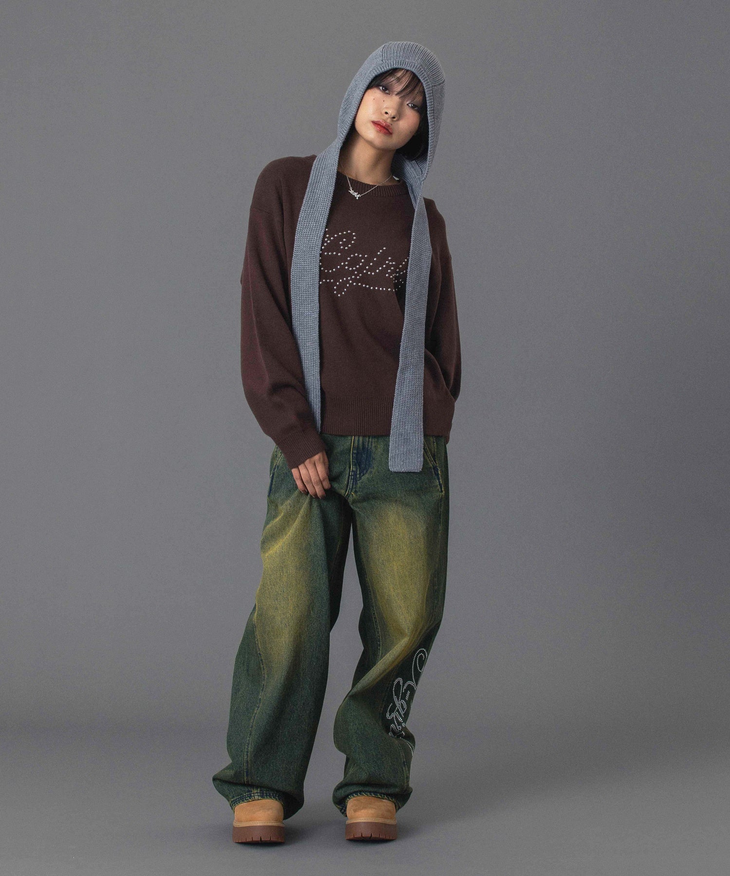 RHINESTONE LOGO LOOSE DENIM PANTS