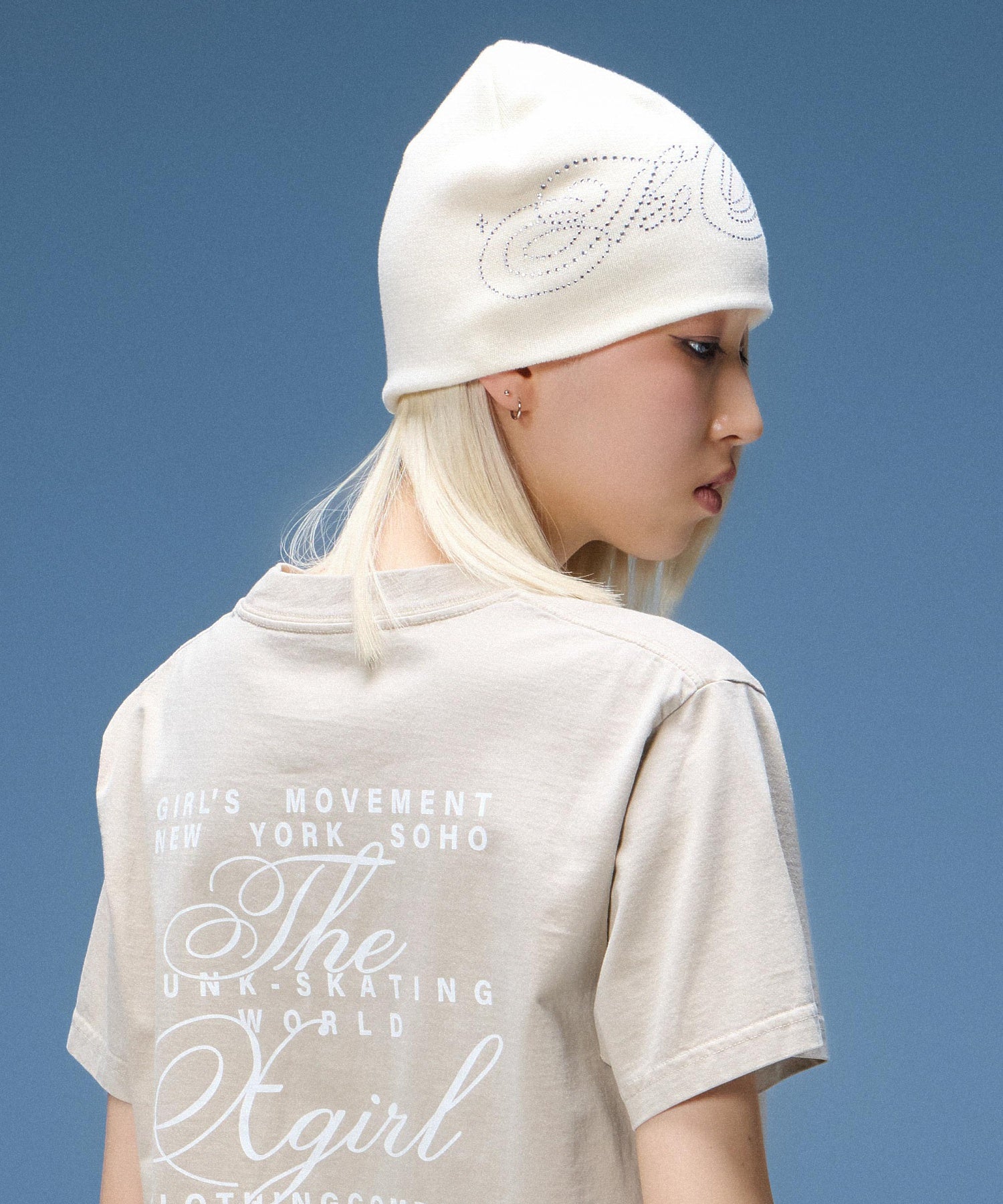 RHINESTONE DECORATIVE SCRIPT LOGO BEANIE