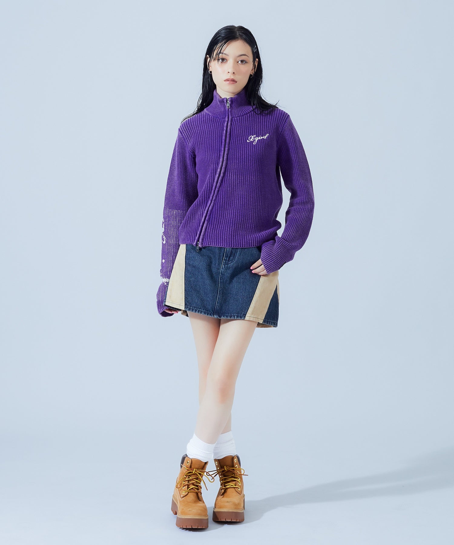 CONTRAST PANELED DENIM MINI SKIRT