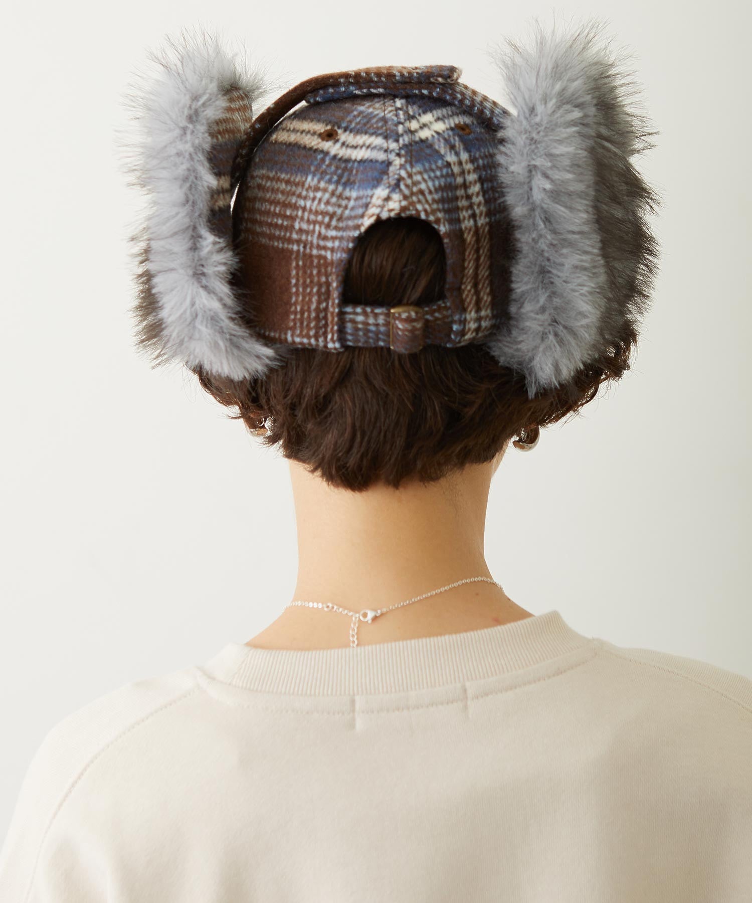 PLAID PATTERN FUR EAR FLAP