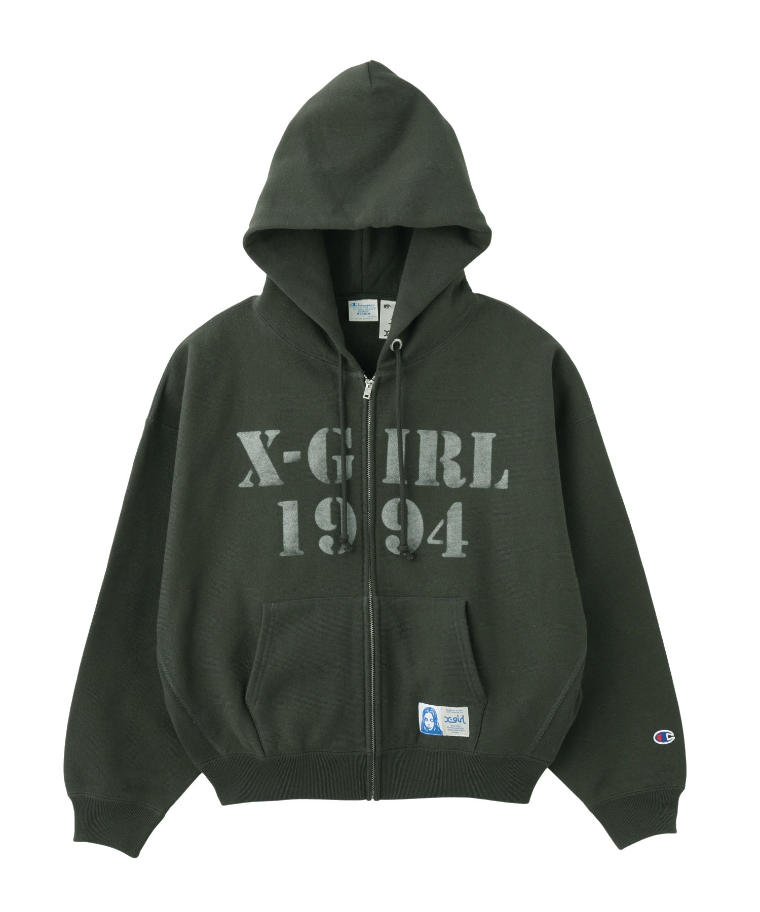 X-girl × Champion REVERSE WEAVE STENCIL LOGO ZIP UP HOODIE