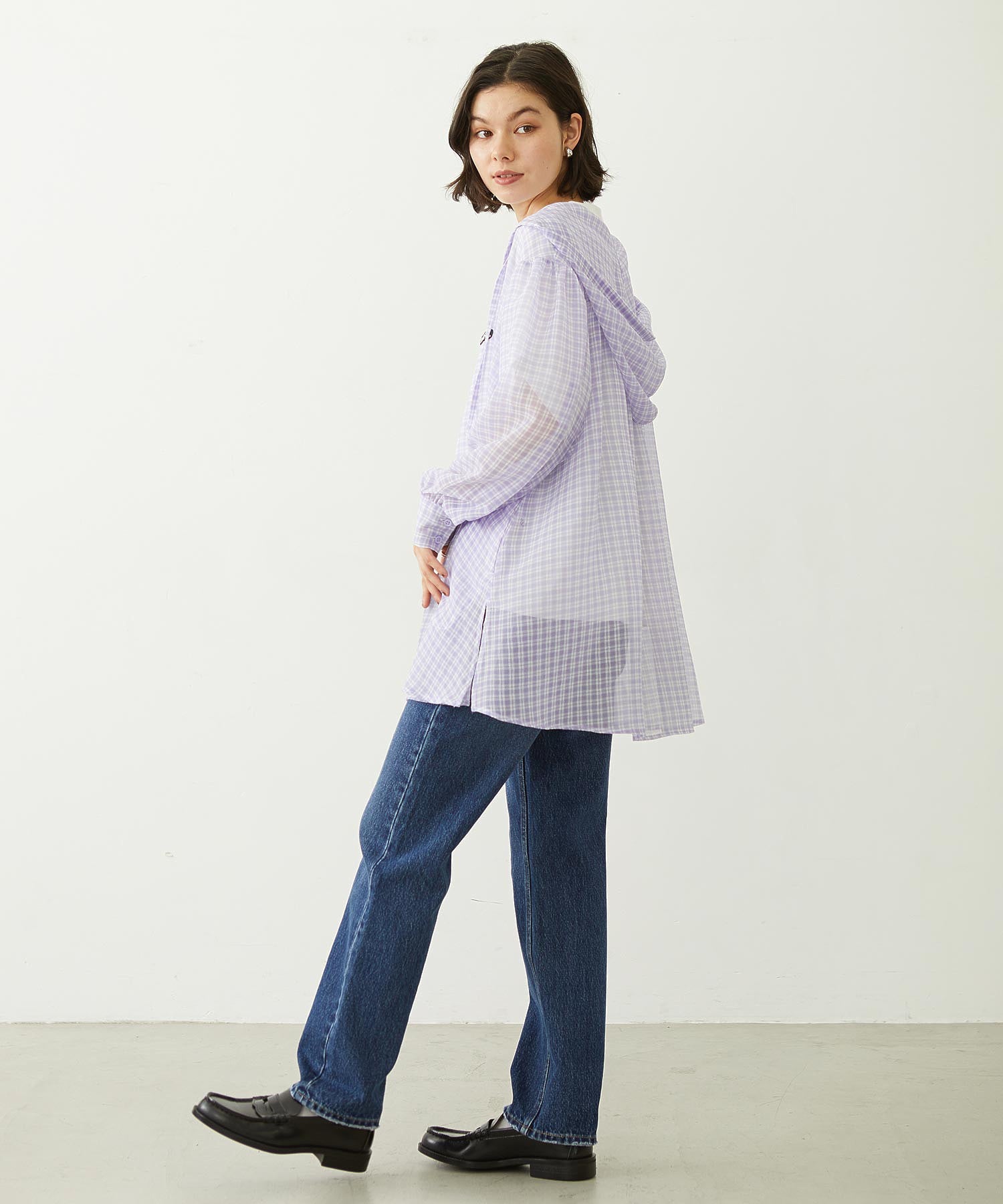 SHEER PLAID HOODED TOP