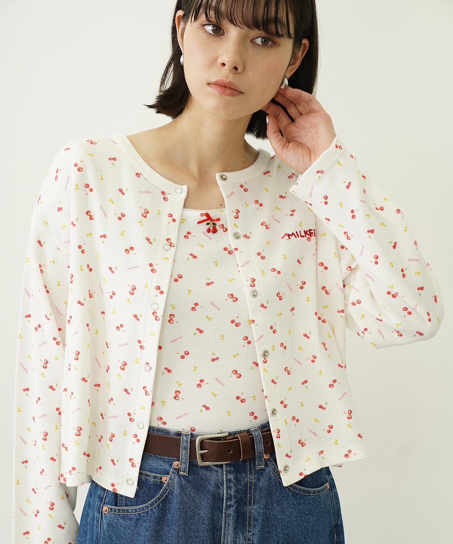 CHERRY PATTERN WAFFLE CARDIGAN