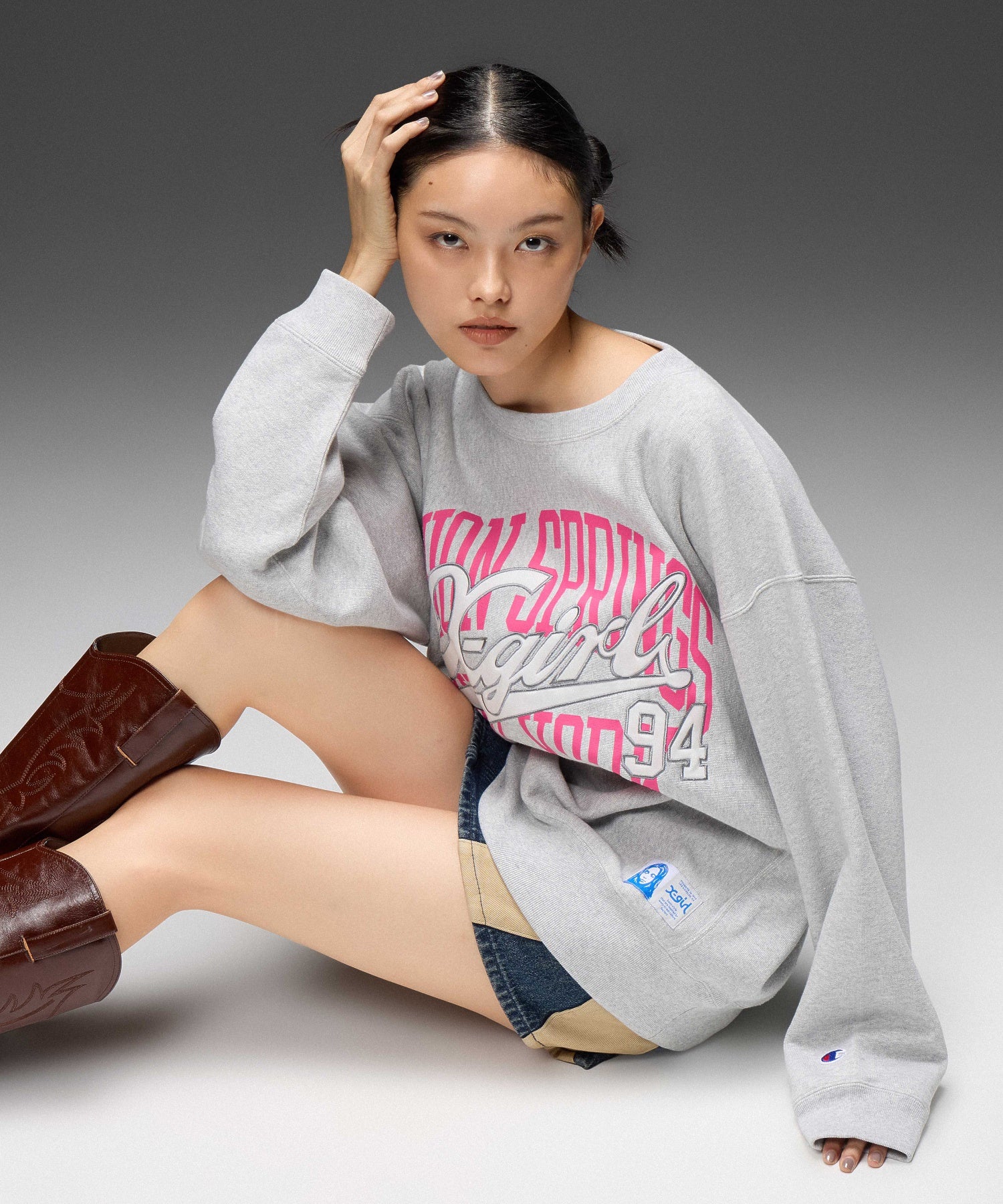 X-girl x Champion REVERSE WEAVE® PRINT AND PATCHED LOGO SWEATSHIRT