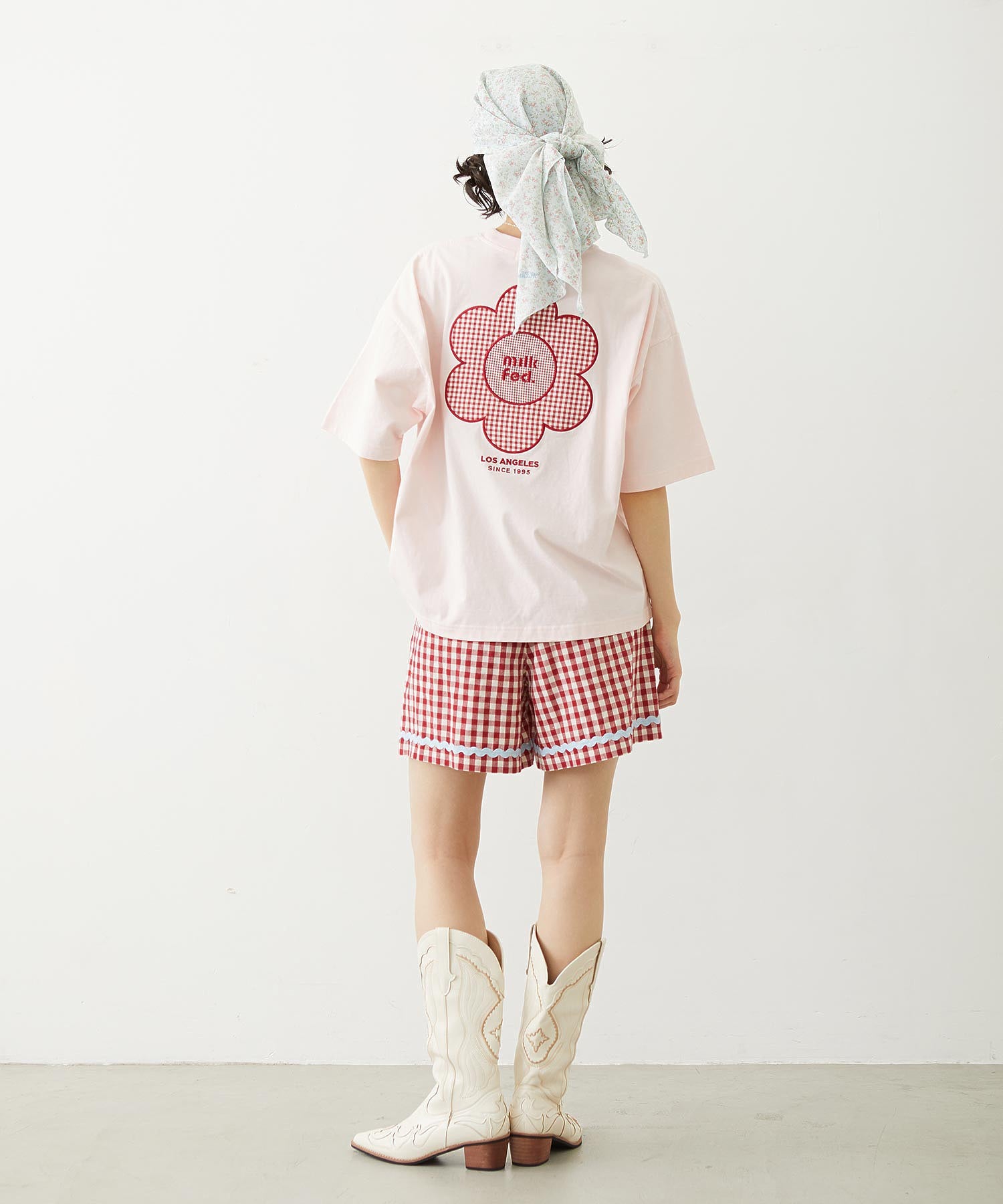 CUT OUT LOGO GINGHAM FLOWER WIDE S/S TEE