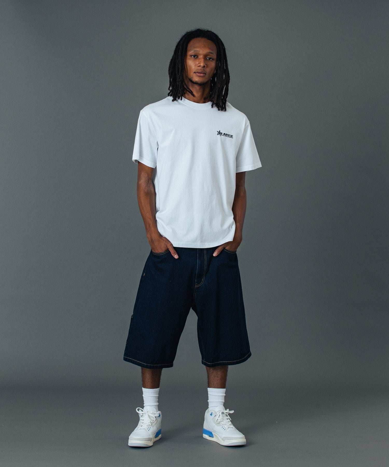 STITCHED LOGO DENIM SHORTS