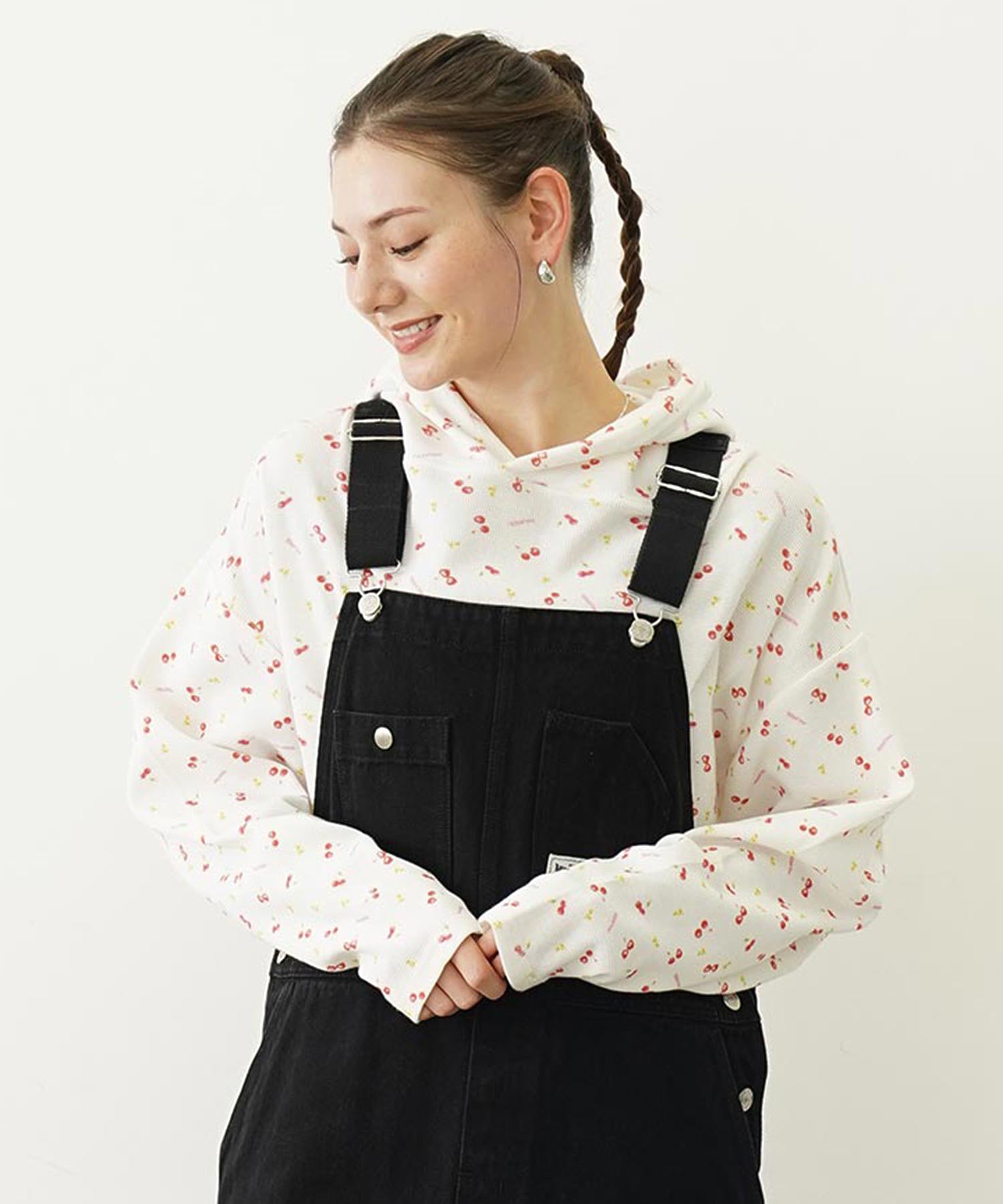 CHERRY PATTERN WAFFLE HOODIE TOP