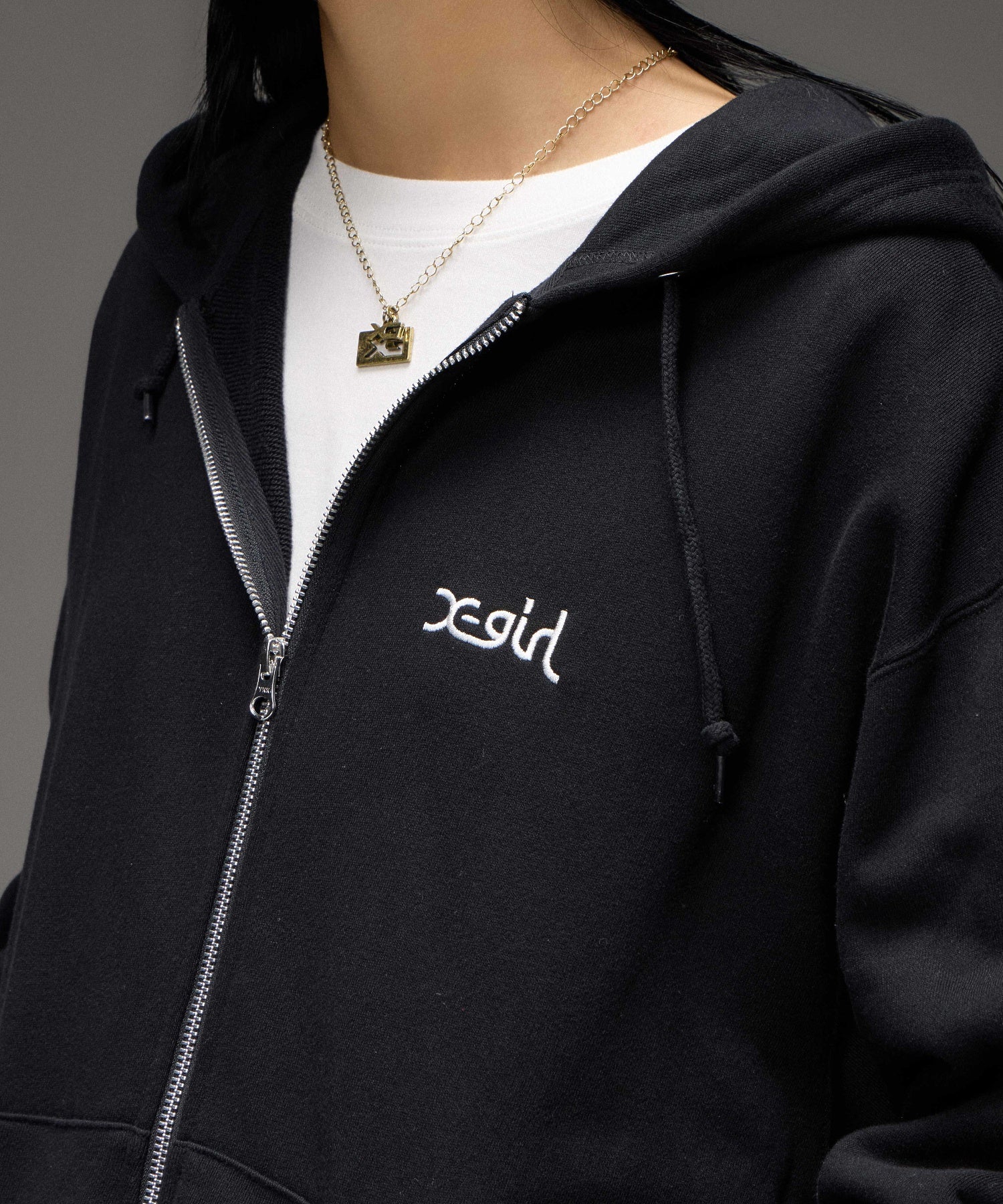 PLAID PATTERN FACE PATCH ZIP UP SWEAT HOODIE