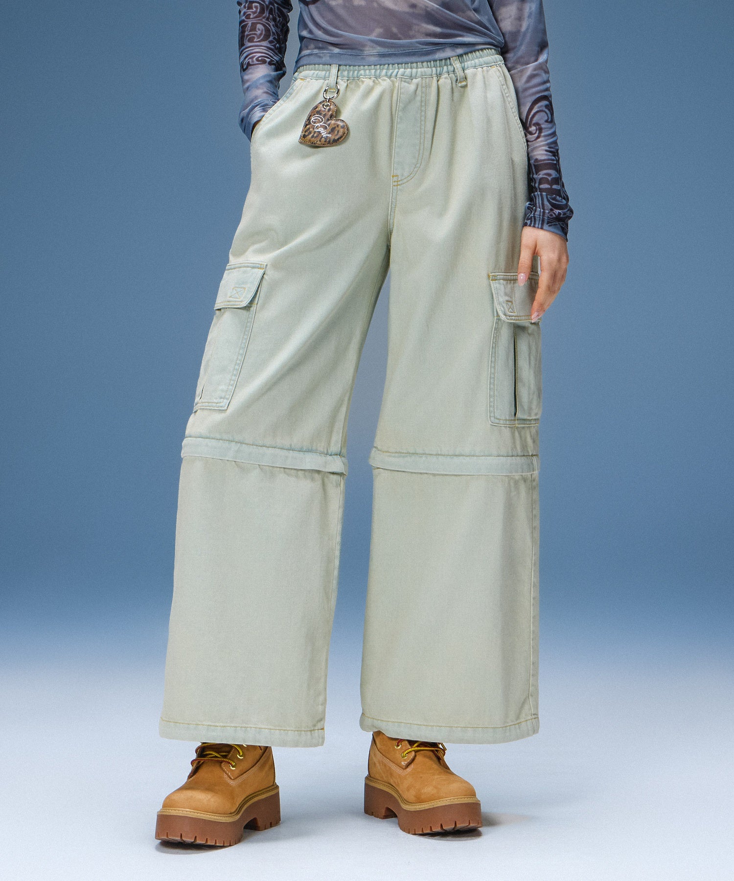 FADED 2WAY WIDE LEG DENIM CARGO PANTS