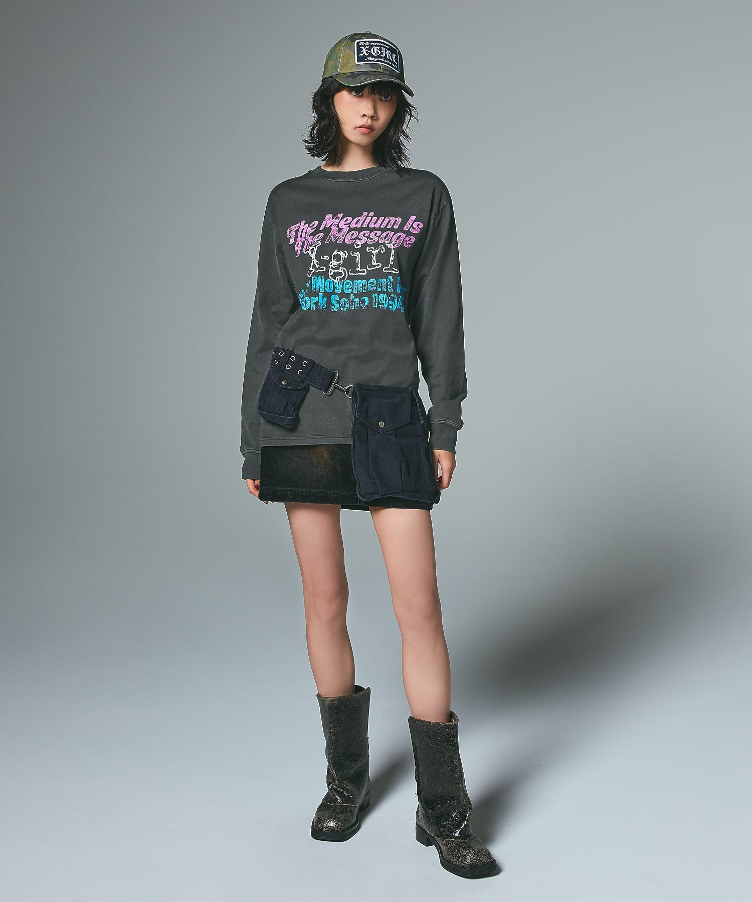 FLOCKED DENIM MINI SKIRT