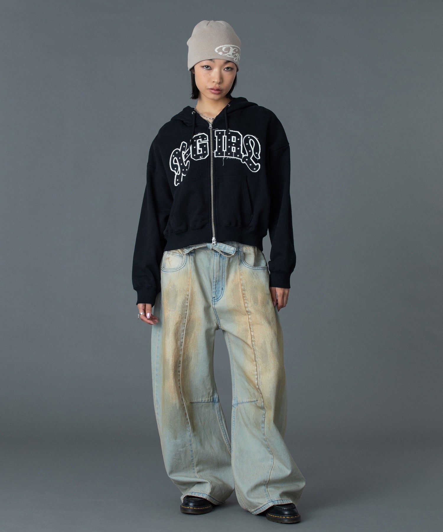 STUDDED LOGO ZIP UP SWEAT HOODIE