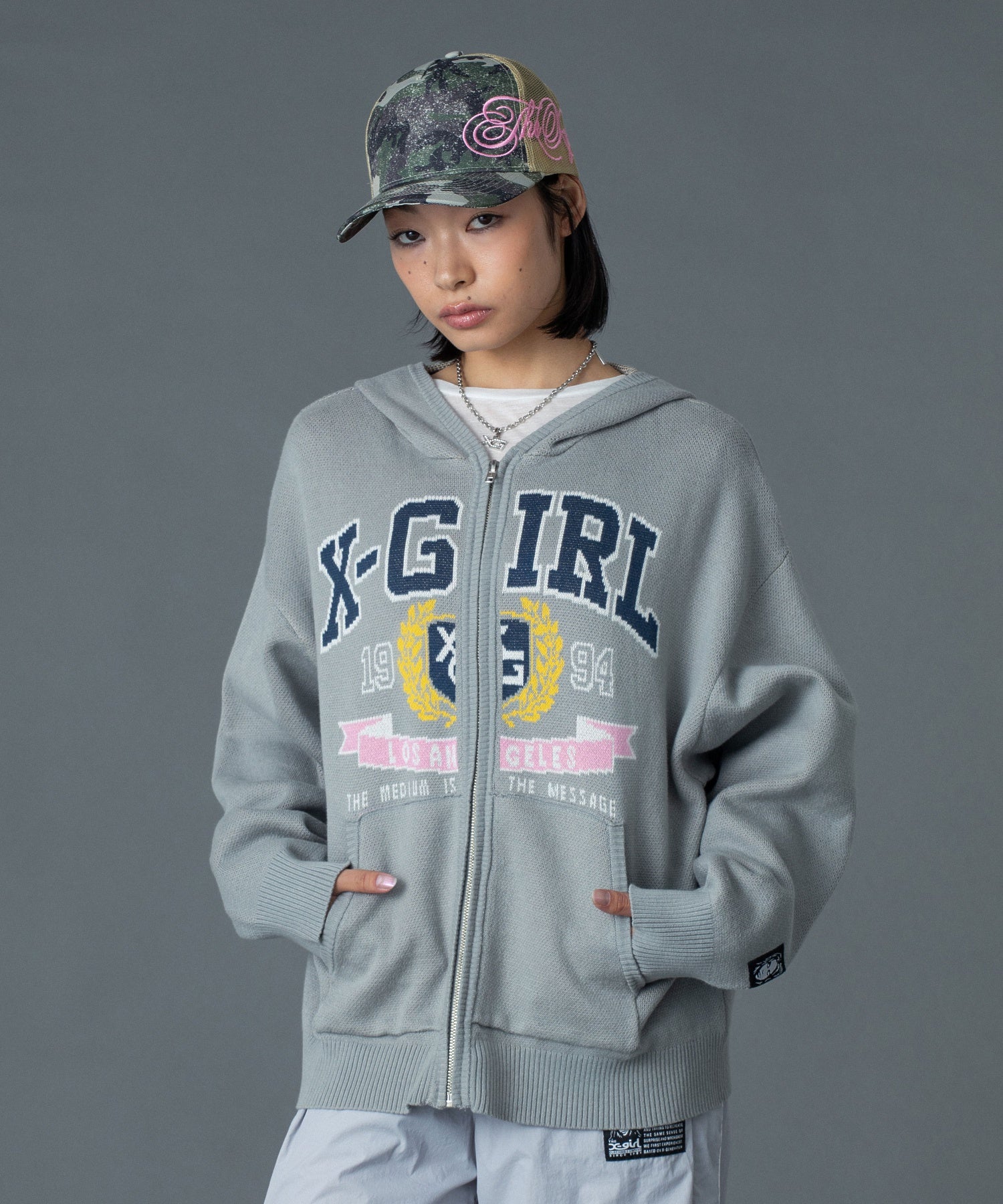 COLLEGE LOGO JACQUARD ZIP UP KNIT HOODIE