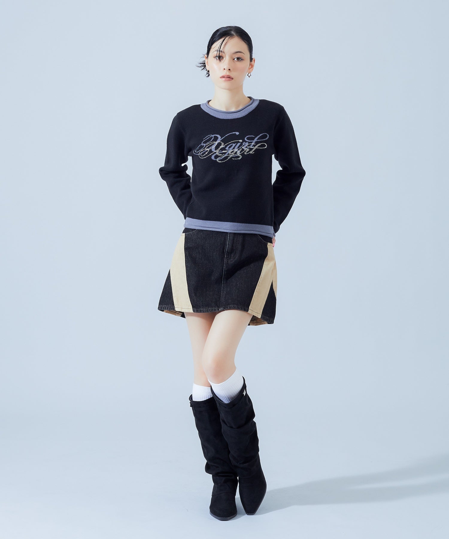 RHINESTONE AND JACQUARD LOGO COMPACT KNIT TOP
