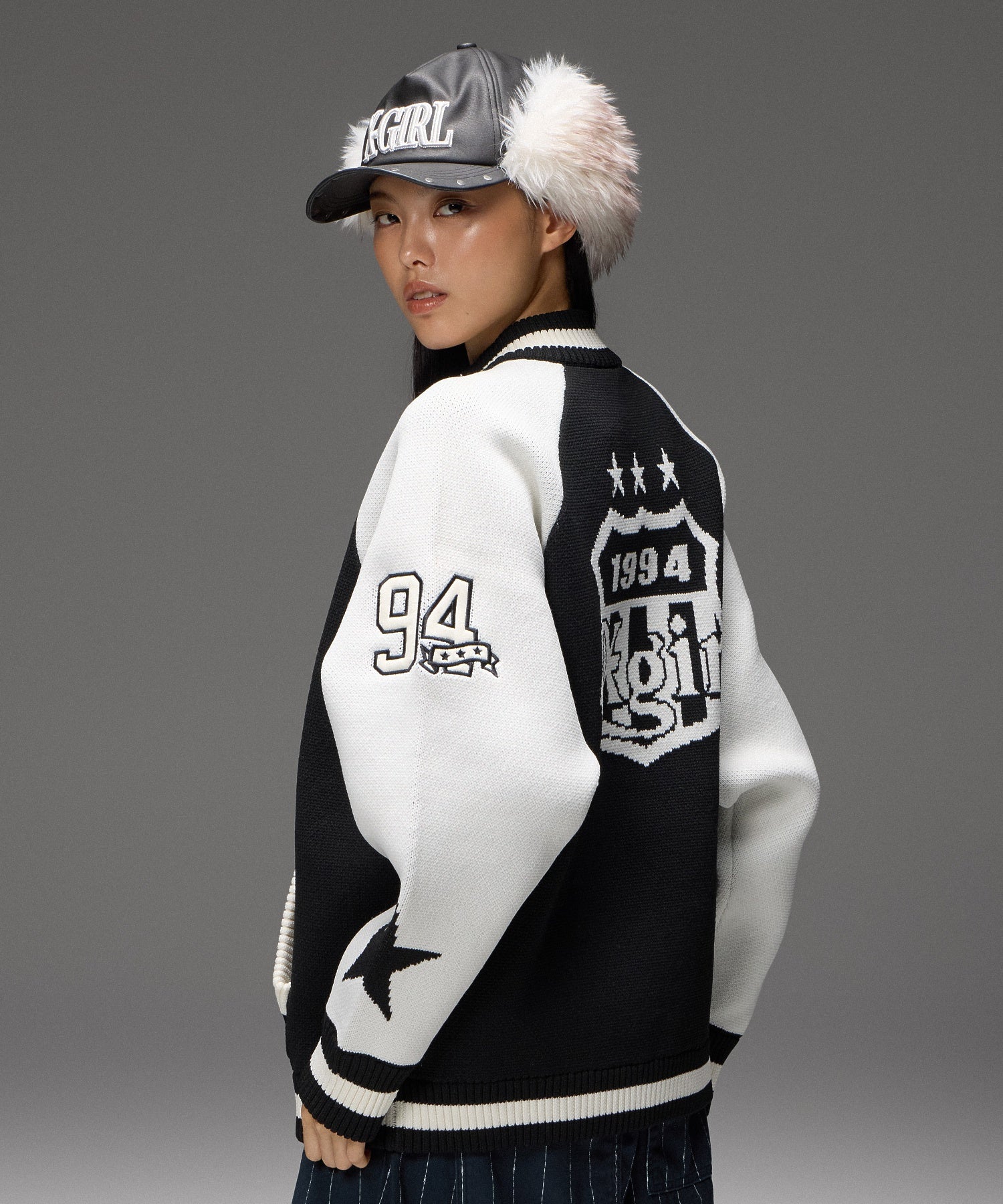 PATCH AND JACQUARD STADIUM KNIT JACKET