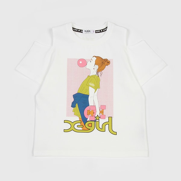 女の子プリント肩開き半袖Tシャツ