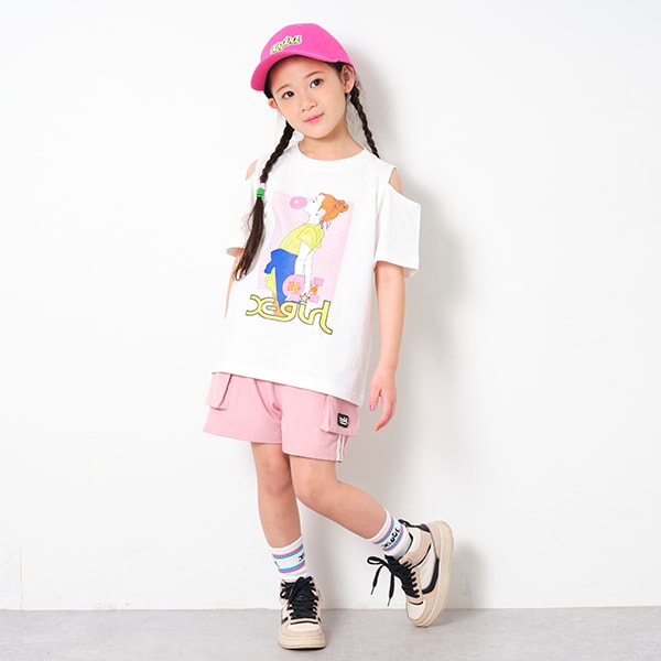 女の子プリント肩開き半袖Tシャツ