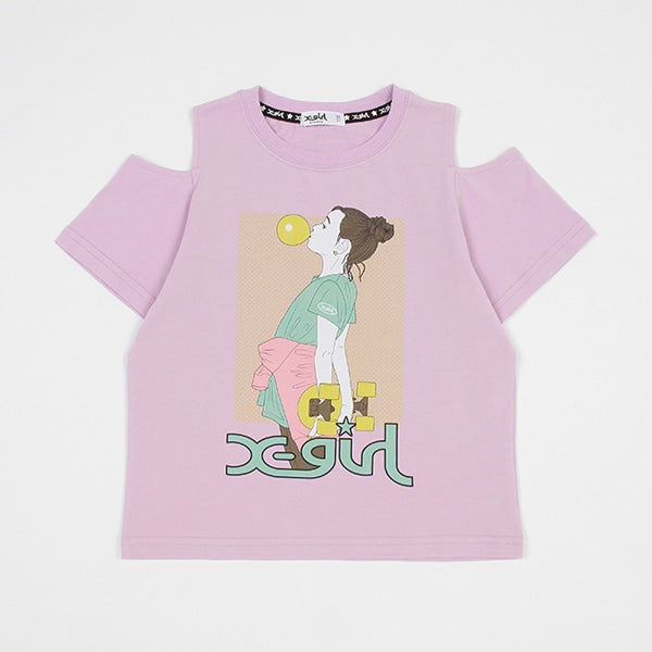 女の子プリント肩開き半袖Tシャツ