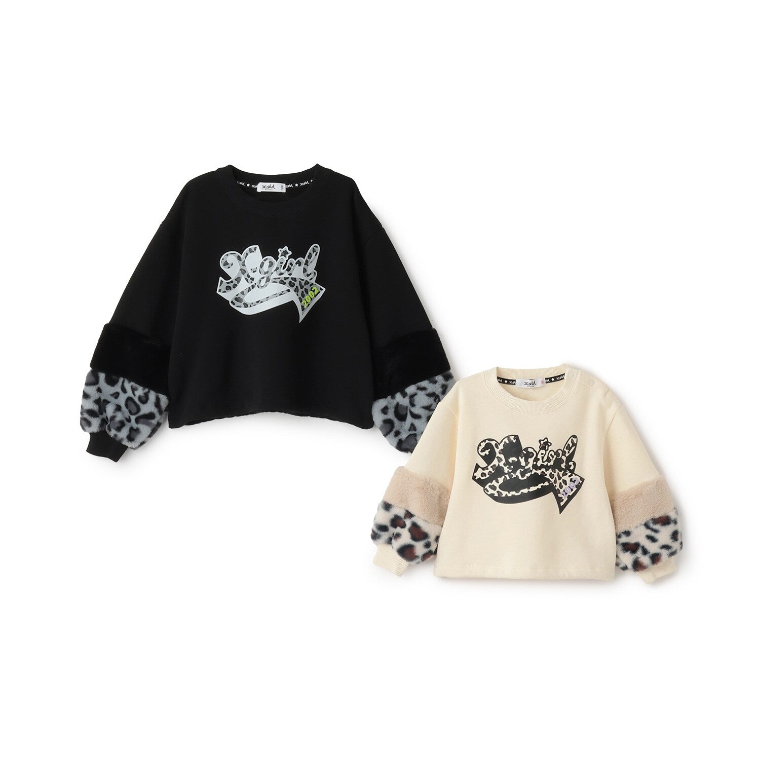 総柄ロゴファー袖裏起毛ショートトレーナー