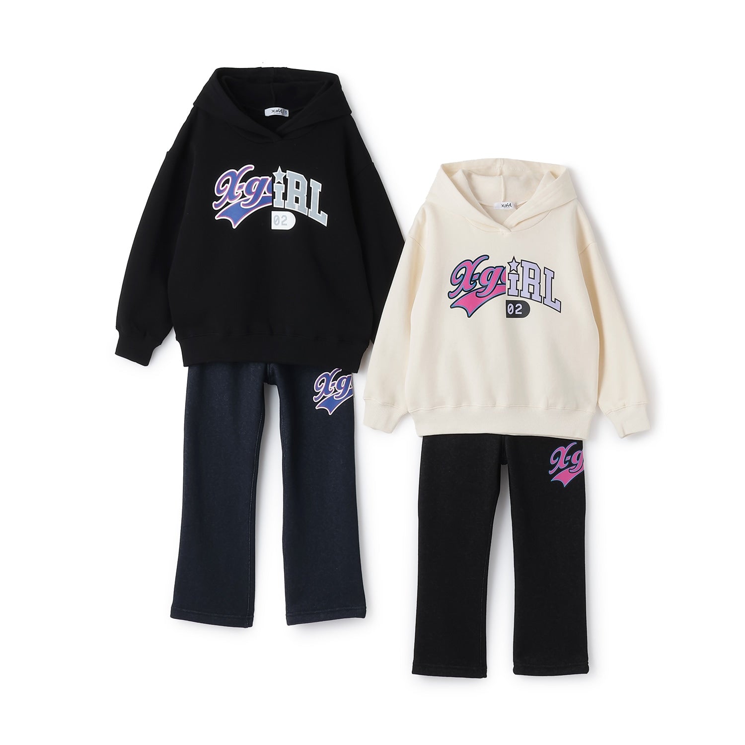 ロゴ裏起毛パーカー+裏起毛カットデニムパンツセット