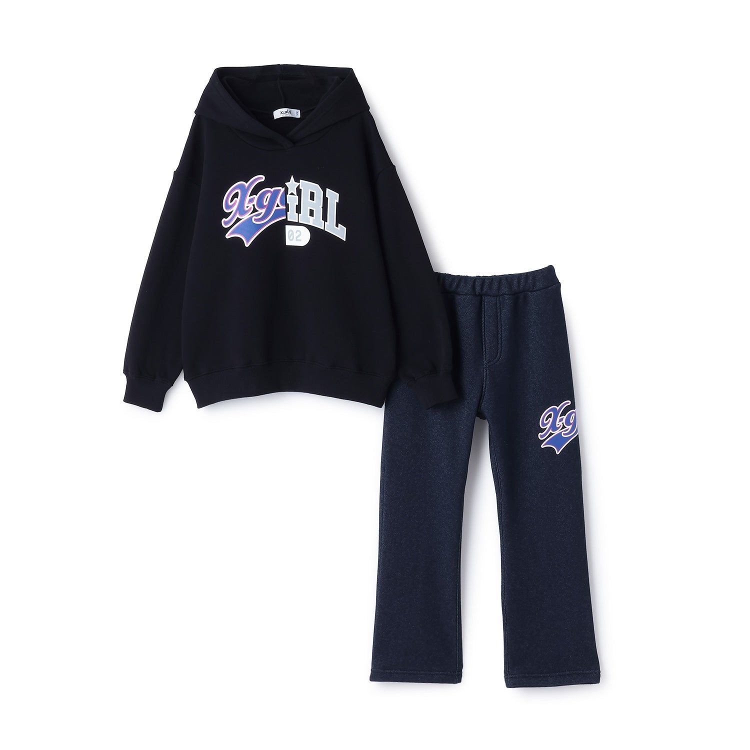 ロゴ裏起毛パーカー+裏起毛カットデニムパンツセット