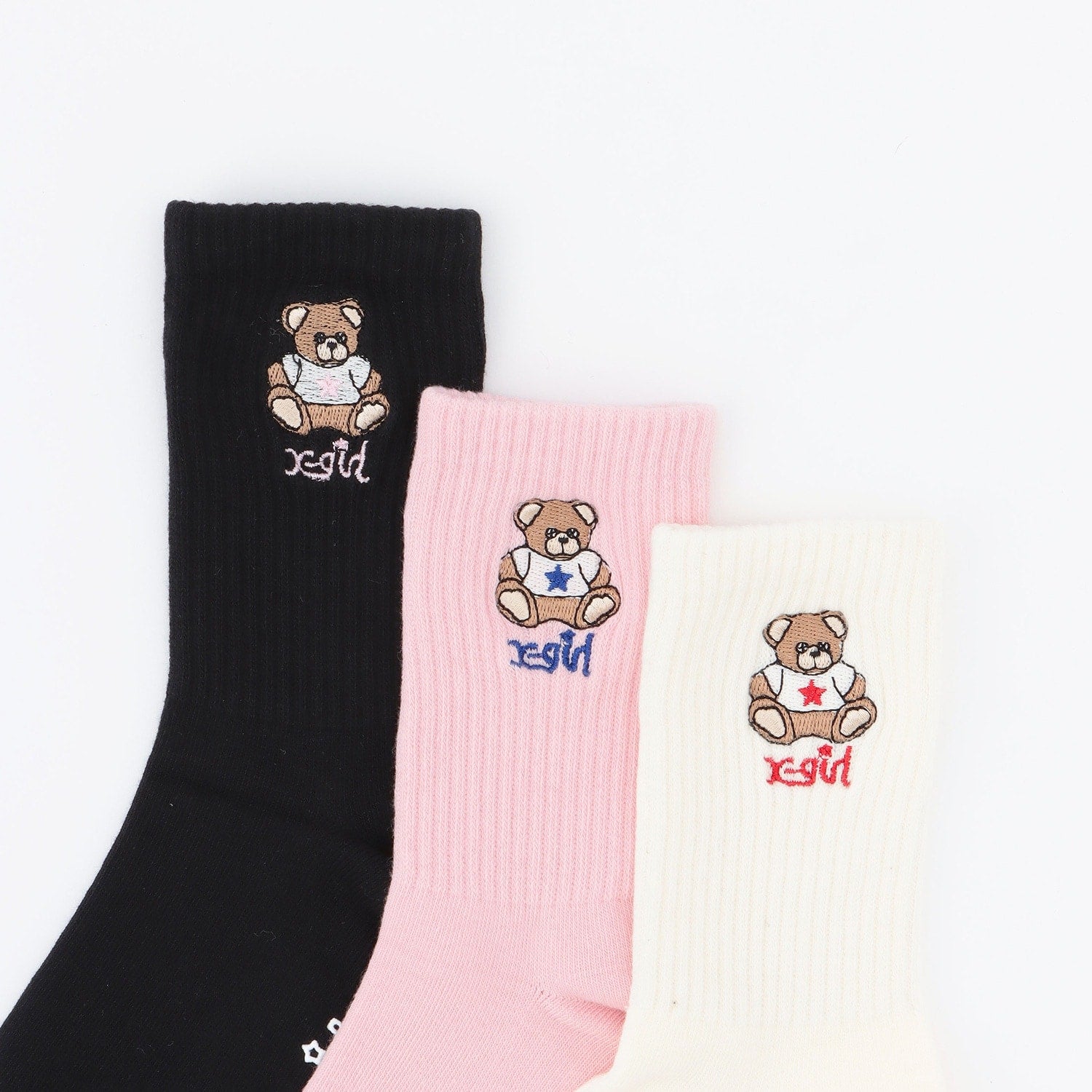 ベア刺しゅうリブクルーソックス