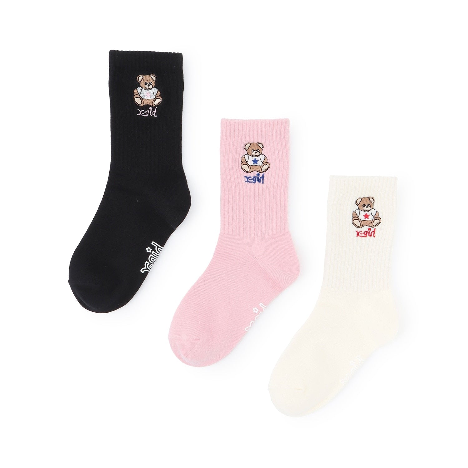 ベア刺しゅうリブクルーソックス