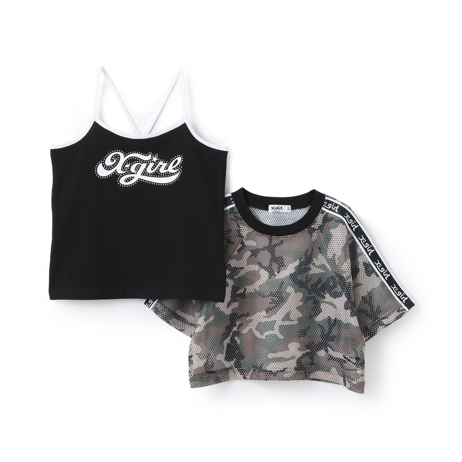 メッシュショートトップス+ロゴキャミソールセット