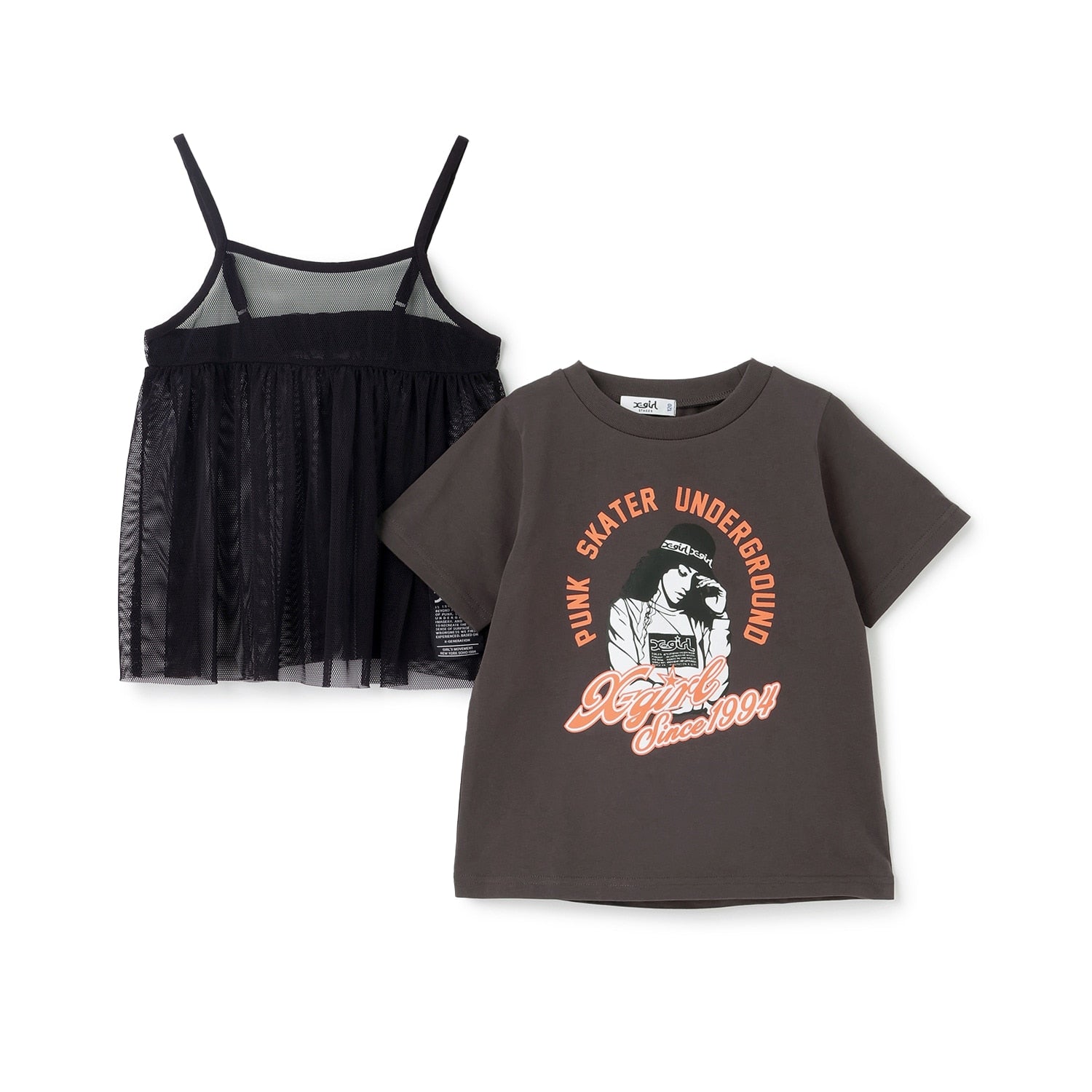 ガールイラスト半袖Tシャツ+メッシュキャミソールセット