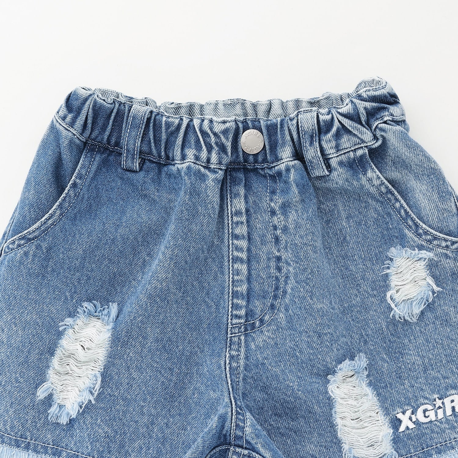 豹柄レイヤードクラッシュ加工デニムショートパンツ