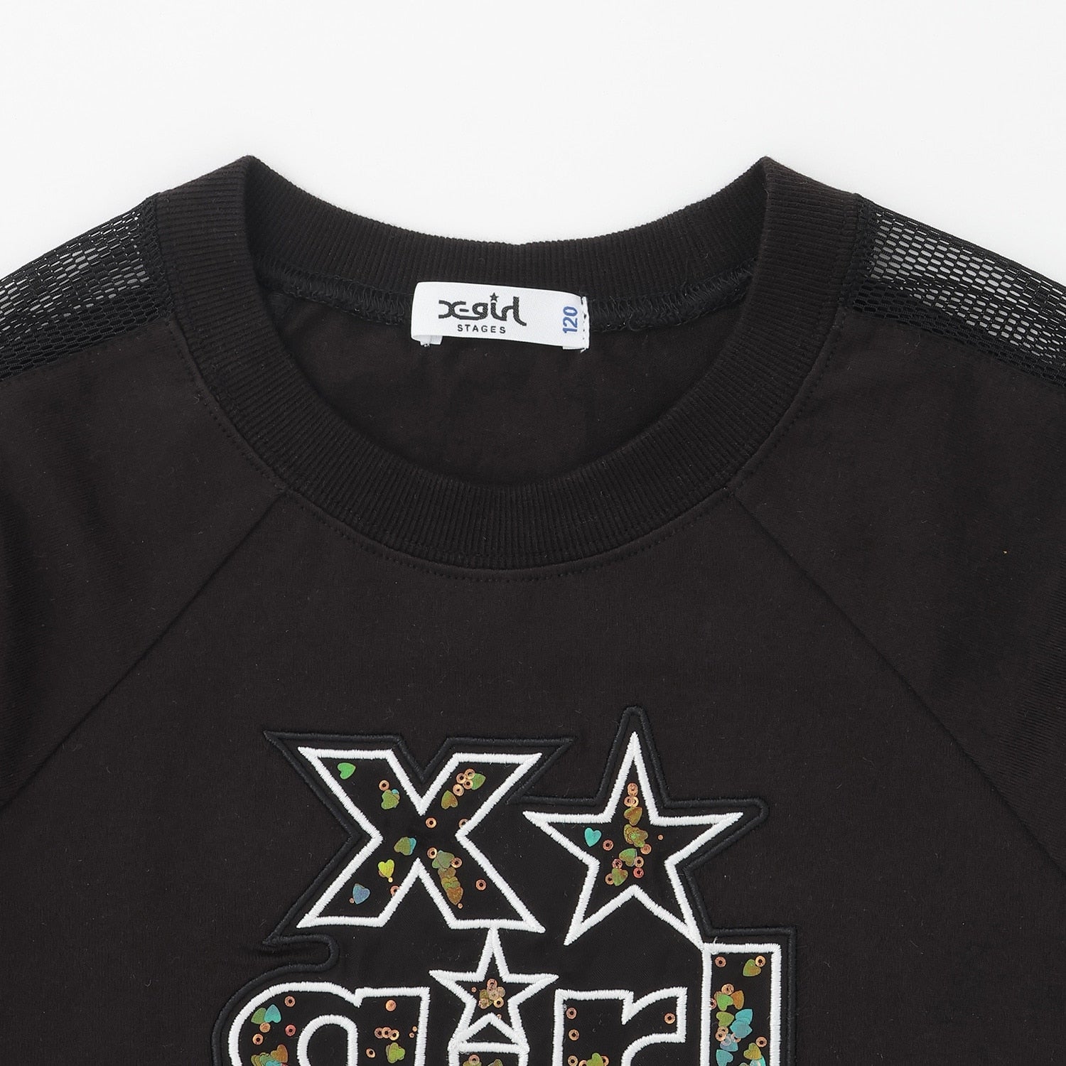 肩メッシュスパンコールロゴ ショート半袖Tシャツ