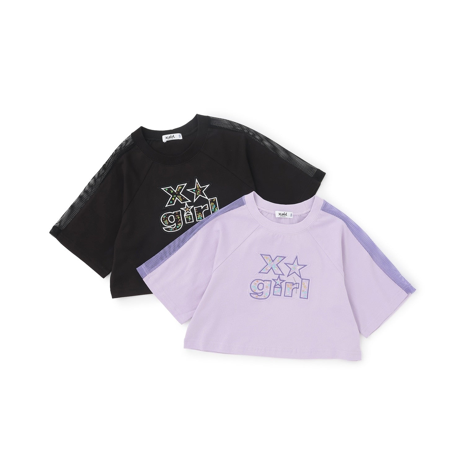 肩メッシュスパンコールロゴ ショート半袖Tシャツ