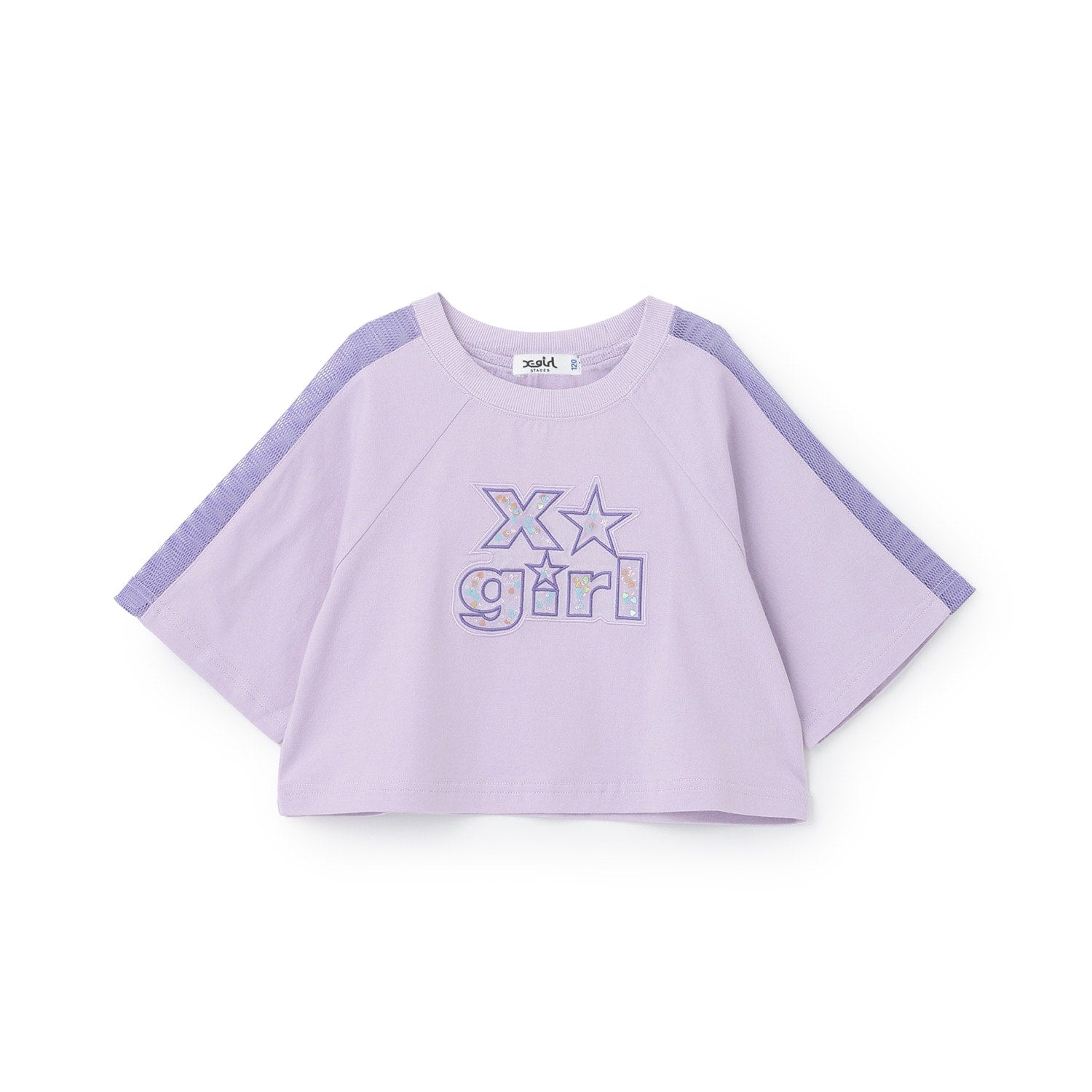肩メッシュスパンコールロゴ ショート半袖Tシャツ